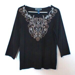 Karen Scott Black Embroidered Top Women’s Medium 3/4 Sleeve Cotton Boho